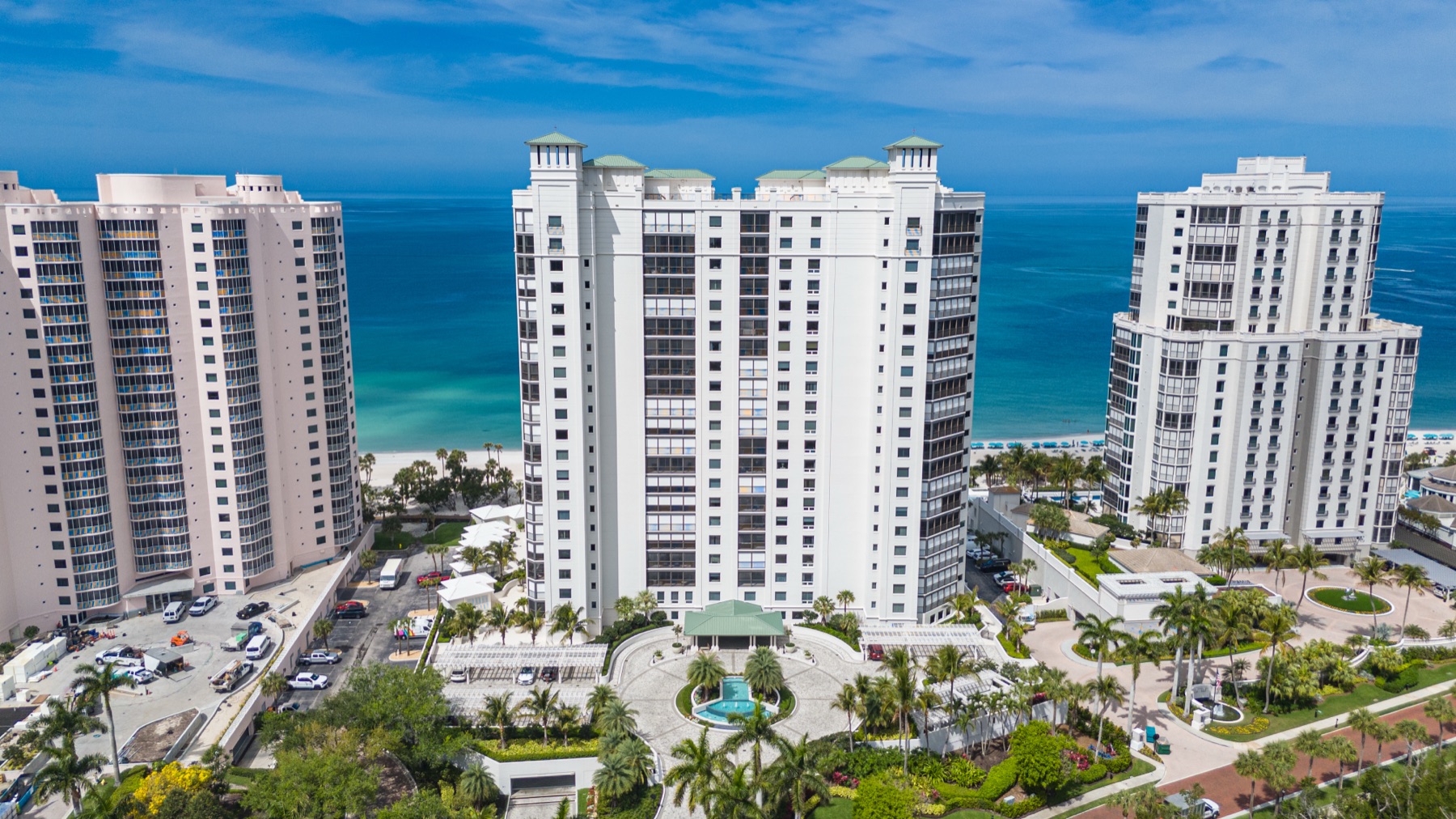 Aerial photograph of beachfront towers at Bay Colony