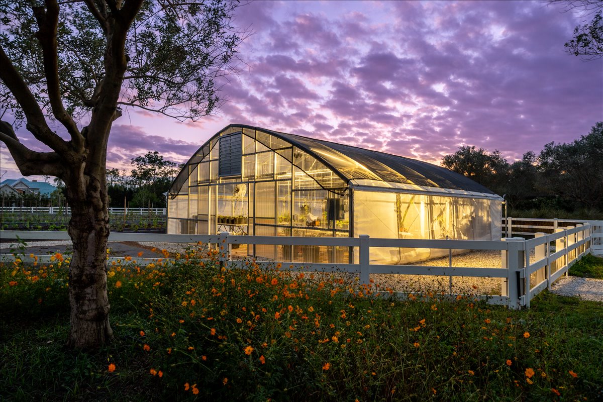 Illuminated greenhouse beneath a colorful twilight sky